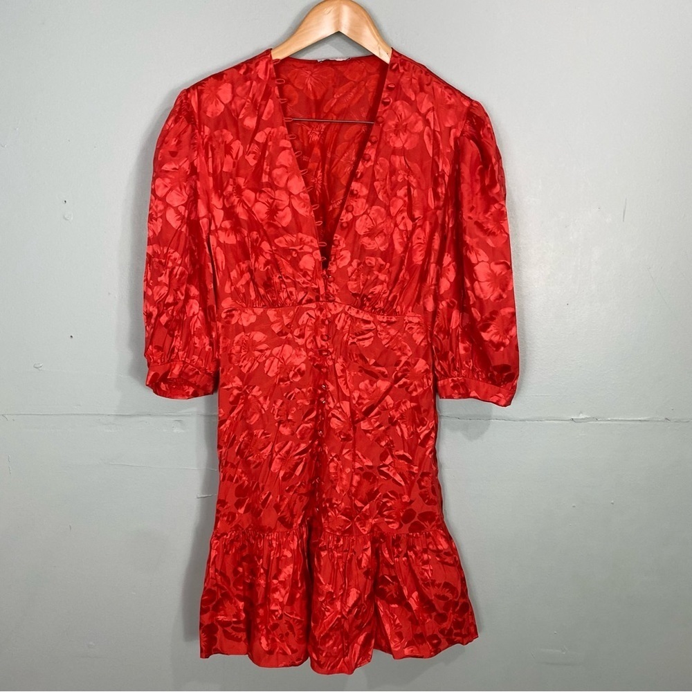 Sandro Azelie‎ Red Mini Dress Floral V Neck Half Sleeve Silk Blend Sz 40 L - Picture 2 of 6